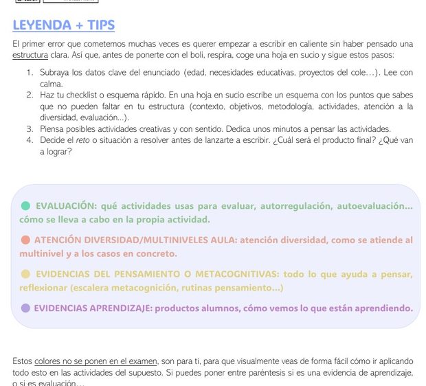 Página del guion del curso: leyenda de colores y tips para empezar el supuesto