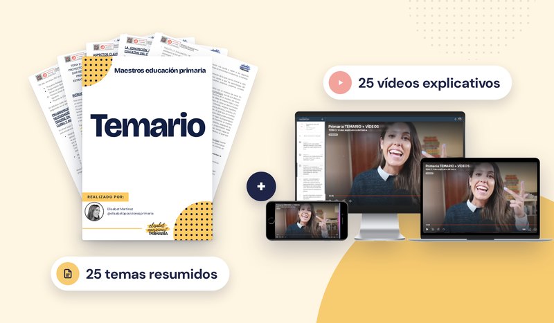 Temario de Maestros de Educación Primaria con las portadas de los temas y páginas interiores y, al lado, la plataforma con un vídeo explicativo de cada tema en ordenador, portátil y móvil