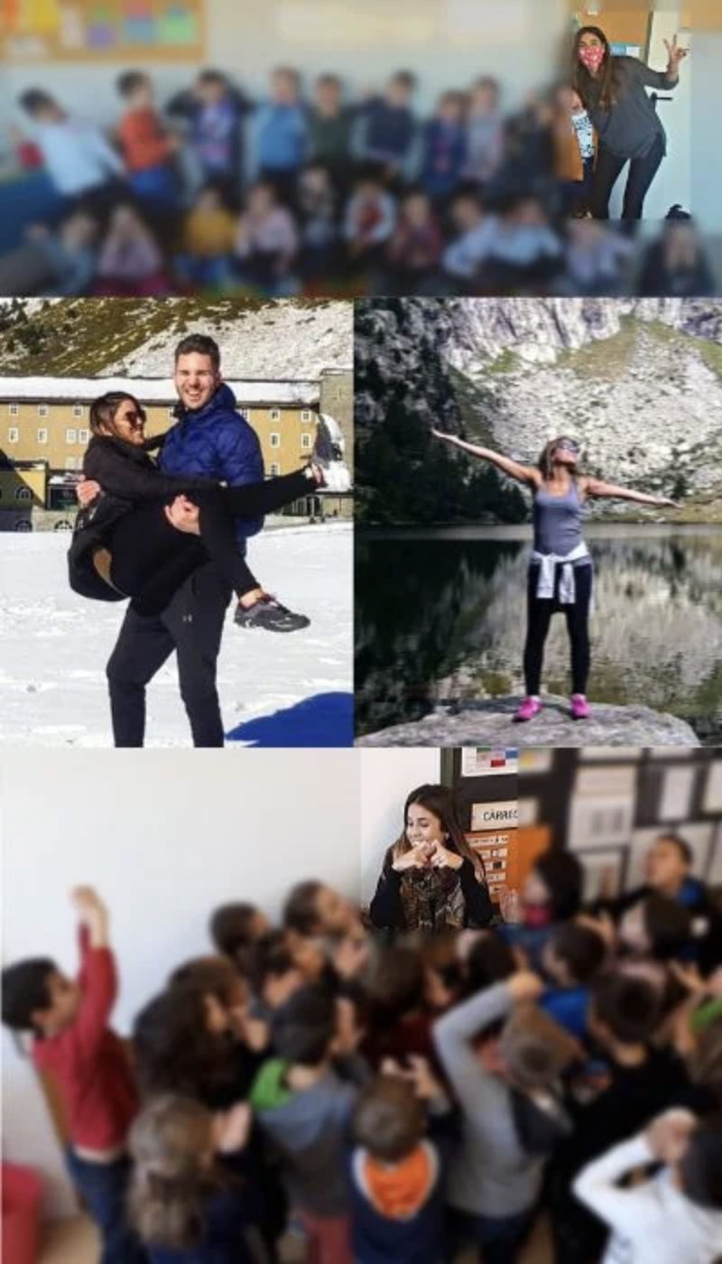 Collage: Elisabet en clase con sus alumnos y en la montaña y la nieve