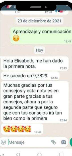 Mensaje de Alicia (Baleares) con su nota: 9,7829