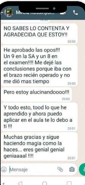 Mensaje de Mireia (Cataluña) con su nota: 9 y 8