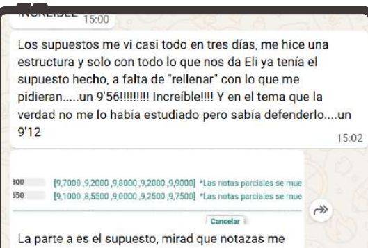 Mensaje de Marta (La Rioja) con su nota: 9,56 supuesto y 9,12 tema