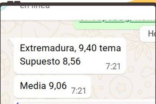 Mensaje de Margarita (Extremadura) con su nota: 8,56 supuesto y 9,40 tema