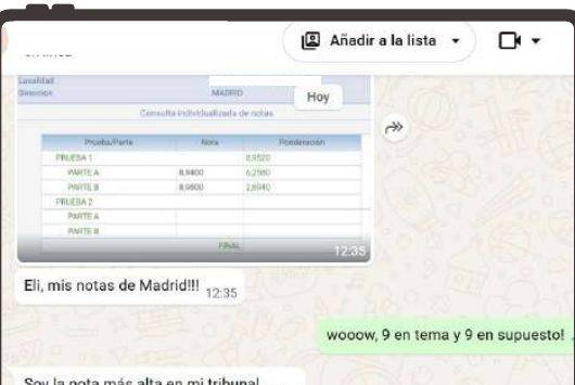 Mensaje de Nieves (Madrid) con su nota: 8,94 supuesto y 8,98 tema