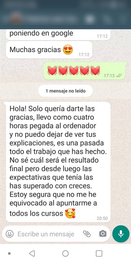 Mensaje real de una alumna sobre la formación