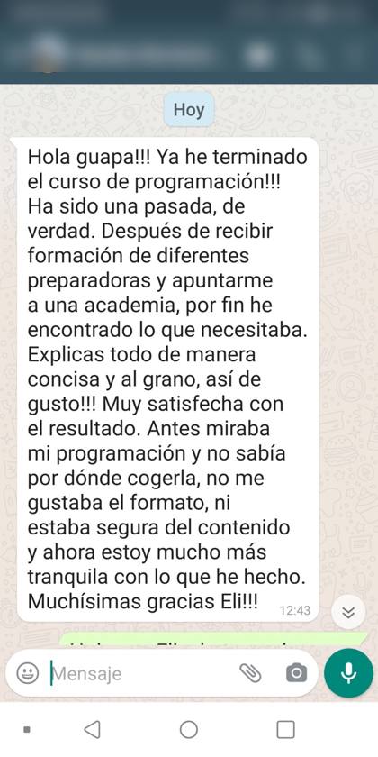 Mensaje real de una alumna sobre la formación