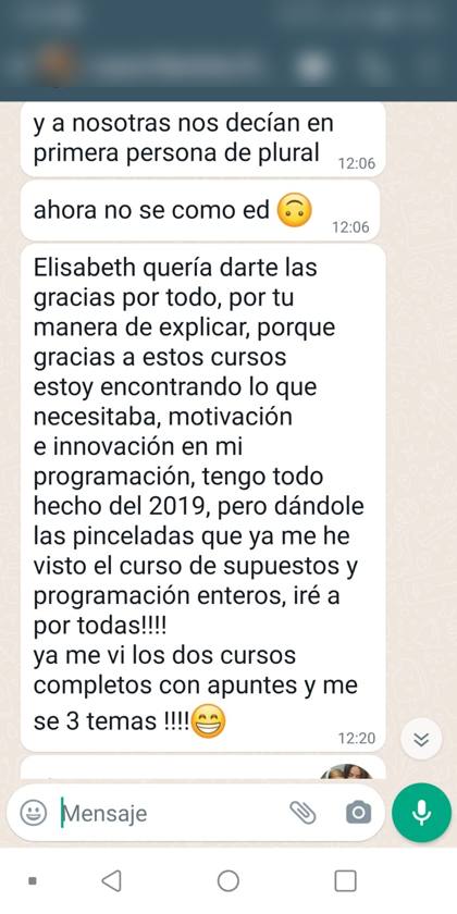 Mensaje real de una alumna sobre la formación