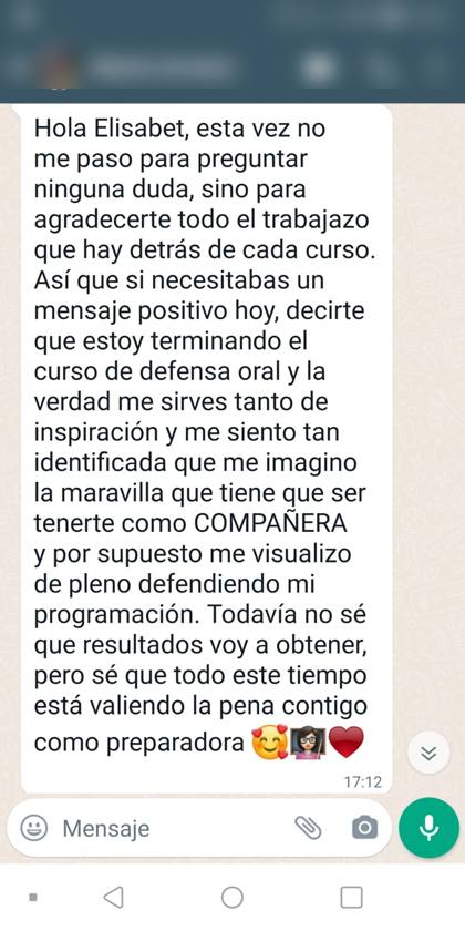 Mensaje real de una alumna sobre la formación