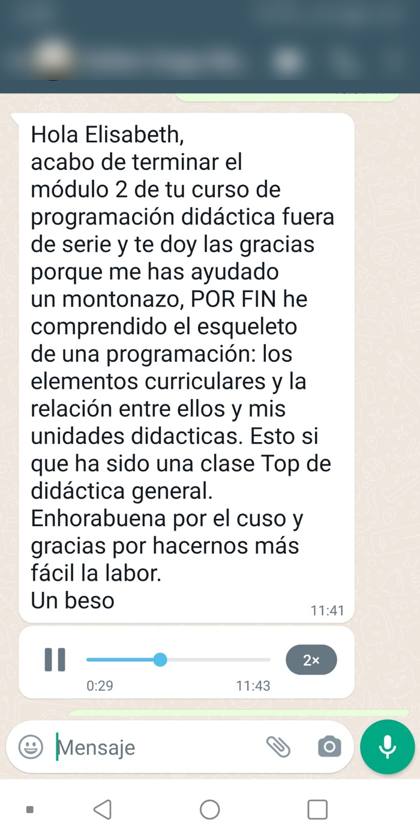 Mensaje real de una alumna sobre la formación