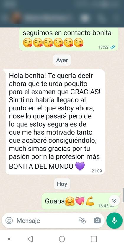 Mensaje real de una alumna sobre la formación