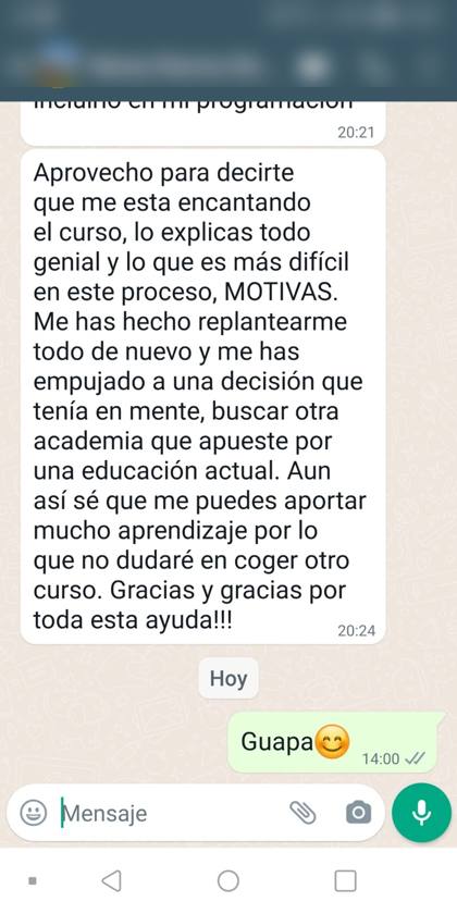 Mensaje real de una alumna sobre la formación