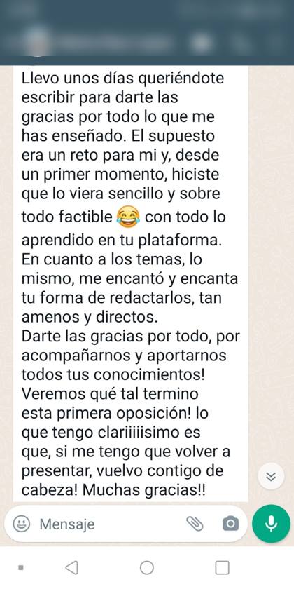 Mensaje real de una alumna sobre la formación