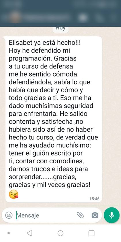 Mensaje real de una alumna sobre la formación