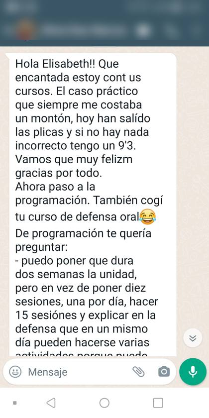 Mensaje real de una alumna sobre la formación